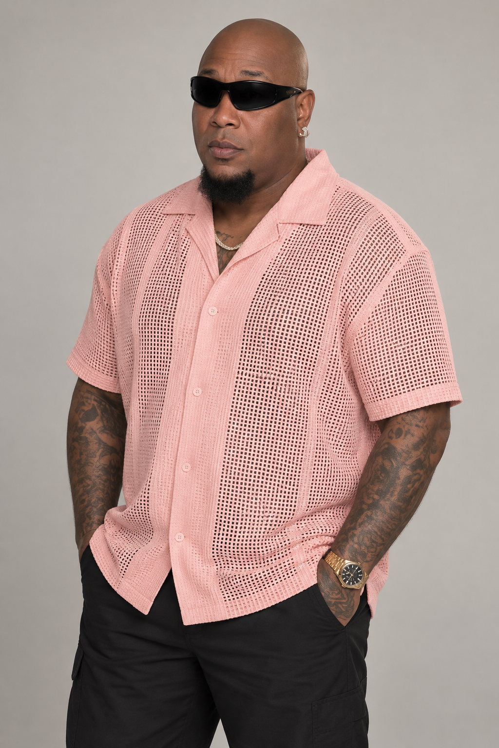 AI-styled studio portrait of the original performer in his pink shirt and sunglasses